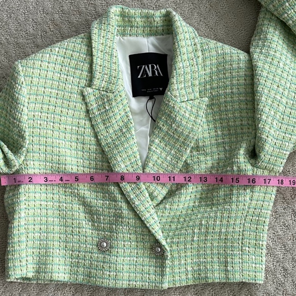 Zara Cropped Tweed Textured Jacket/Blazer Green Small NWT Office Academia Preppy - Picture 15 of 16